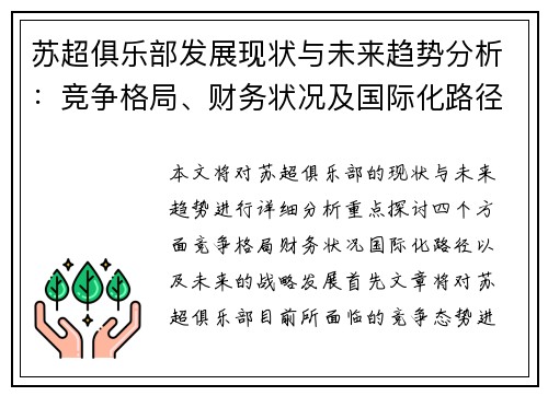 苏超俱乐部发展现状与未来趋势分析：竞争格局、财务状况及国际化路径探讨