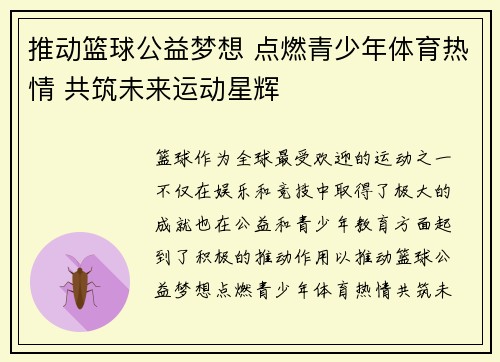 推动篮球公益梦想 点燃青少年体育热情 共筑未来运动星辉