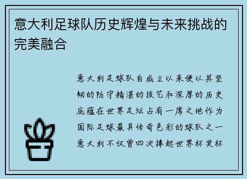 意大利足球队历史辉煌与未来挑战的完美融合