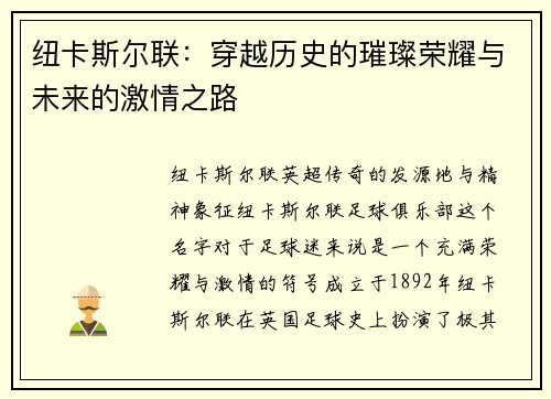 纽卡斯尔联：穿越历史的璀璨荣耀与未来的激情之路