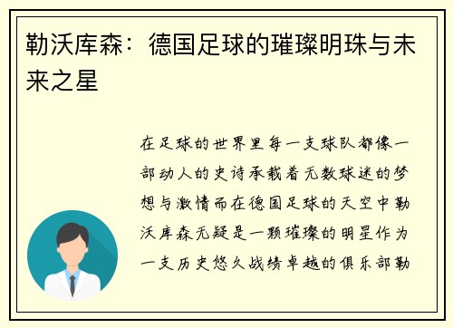 勒沃库森：德国足球的璀璨明珠与未来之星