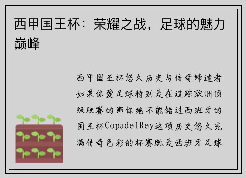 西甲国王杯：荣耀之战，足球的魅力巅峰