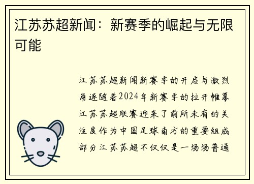 江苏苏超新闻：新赛季的崛起与无限可能